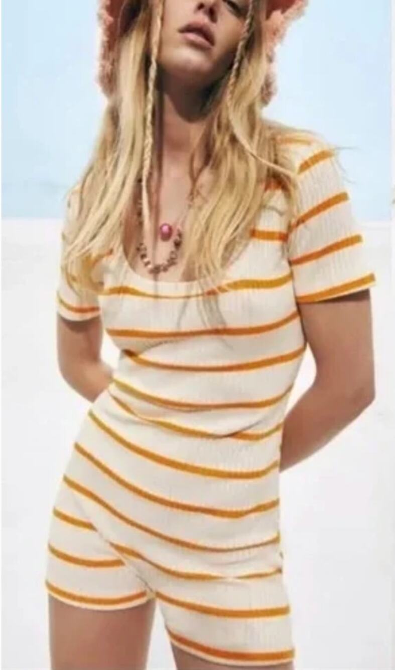 Zara Biege Orange Rib Knit Short Sleeve Romper Large